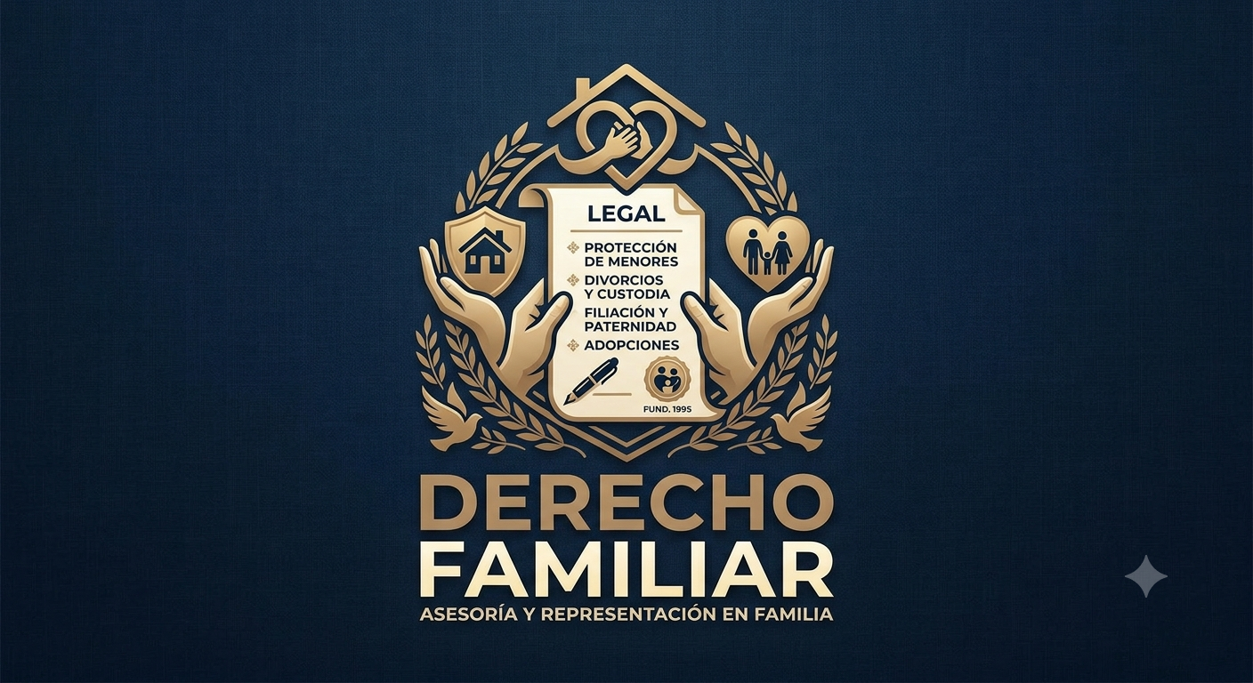 Logo con escudo y manos con símbolos relacionados con derecho familiar, protección y asesoría legal