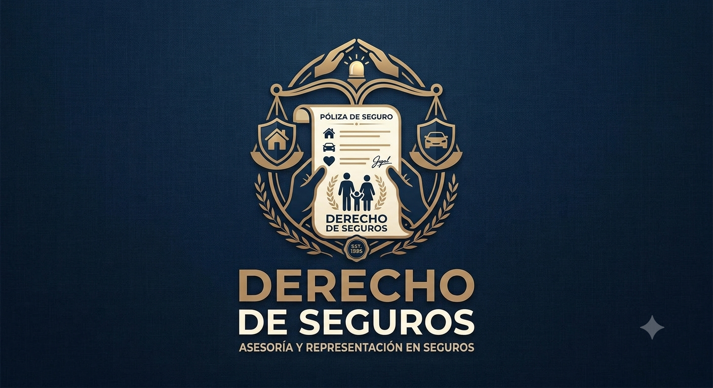 Logotipo de una firma de asesoría en seguros, con escudo, hojas de laurel, y una póliza de seguros en el centro, con texto que dice 'Derecho de Seguros' y 'Asesoría y Representación en Seguros' en un fondo azul oscuro.