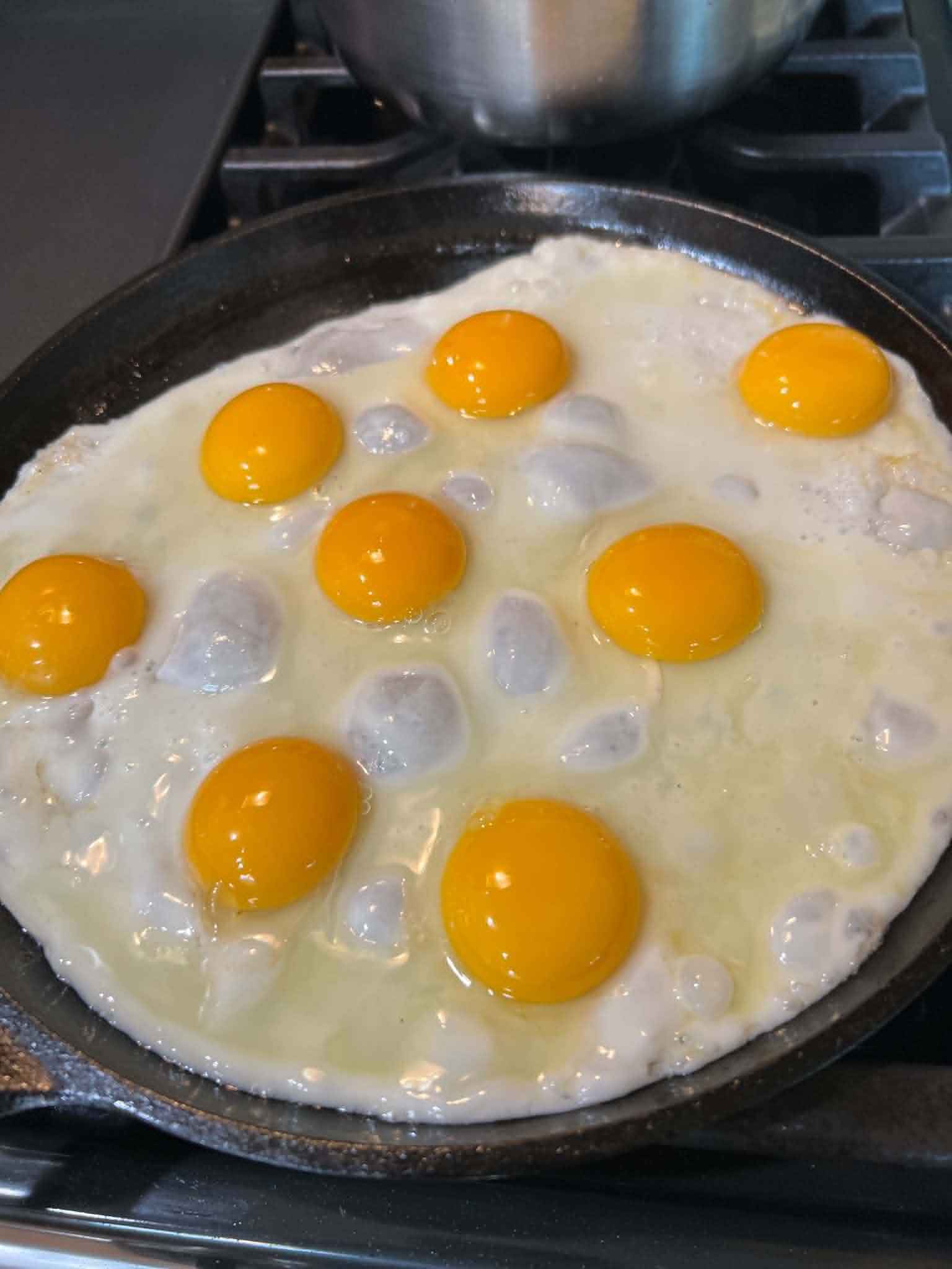 That yolk color though, a pan full of our pasture-raised eggs.