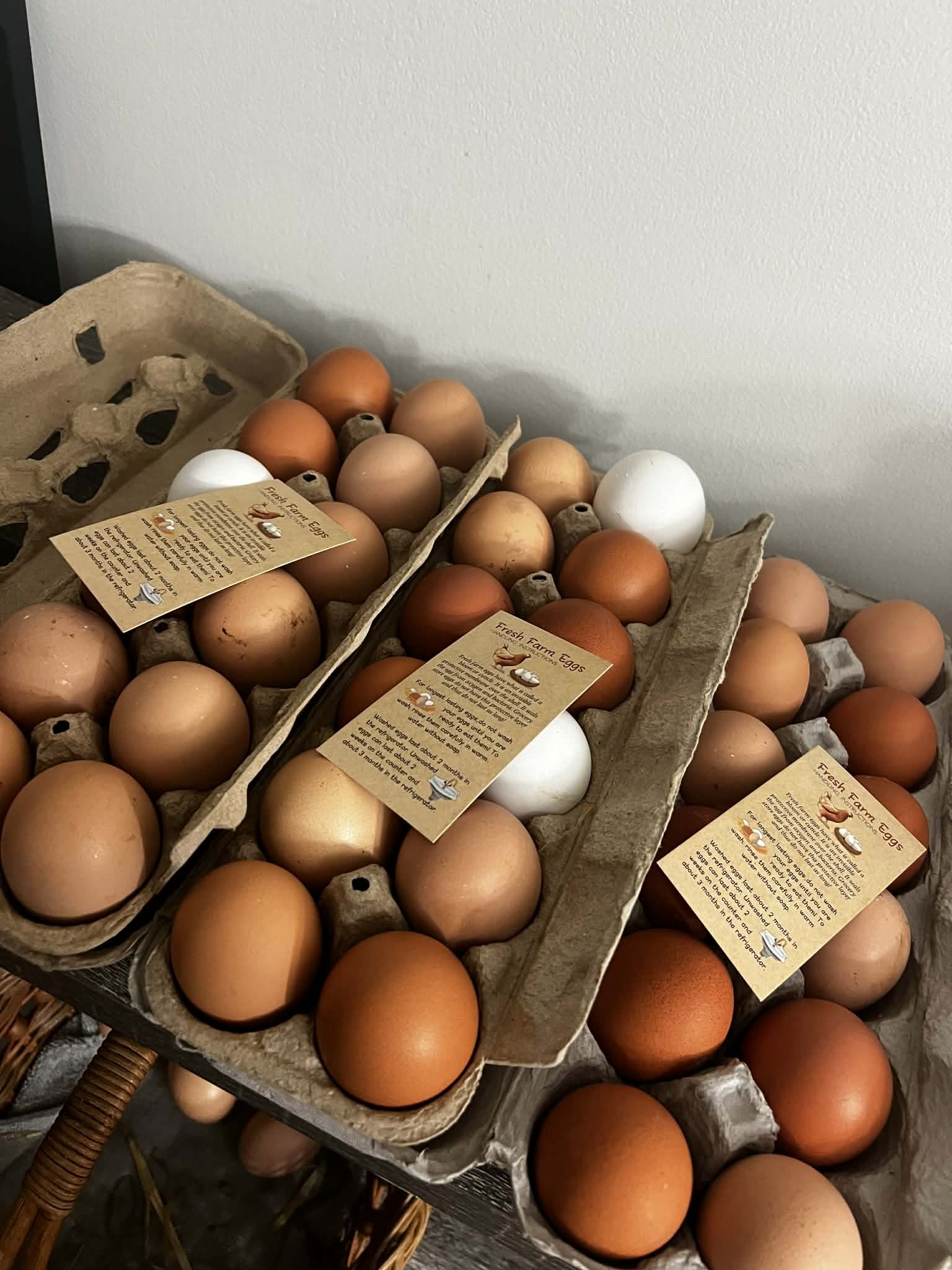 Collected, packed, and ready to go, fresh unwashed eggs from our girls.