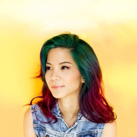 A woman with colorful hair in shades of green, blue, purple, and red, wearing a sleeveless denim vest against a yellow background.
