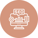Icon of a computer monitor displaying a bar graph with 'SEO' at the top