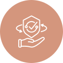 Outline of a hand holding a smiling face with a mask over the mouth, with lines indicating breath or airflow.