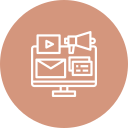 Icons of a social media feed, video play button, megaphone, email, and webpage on a computer screen