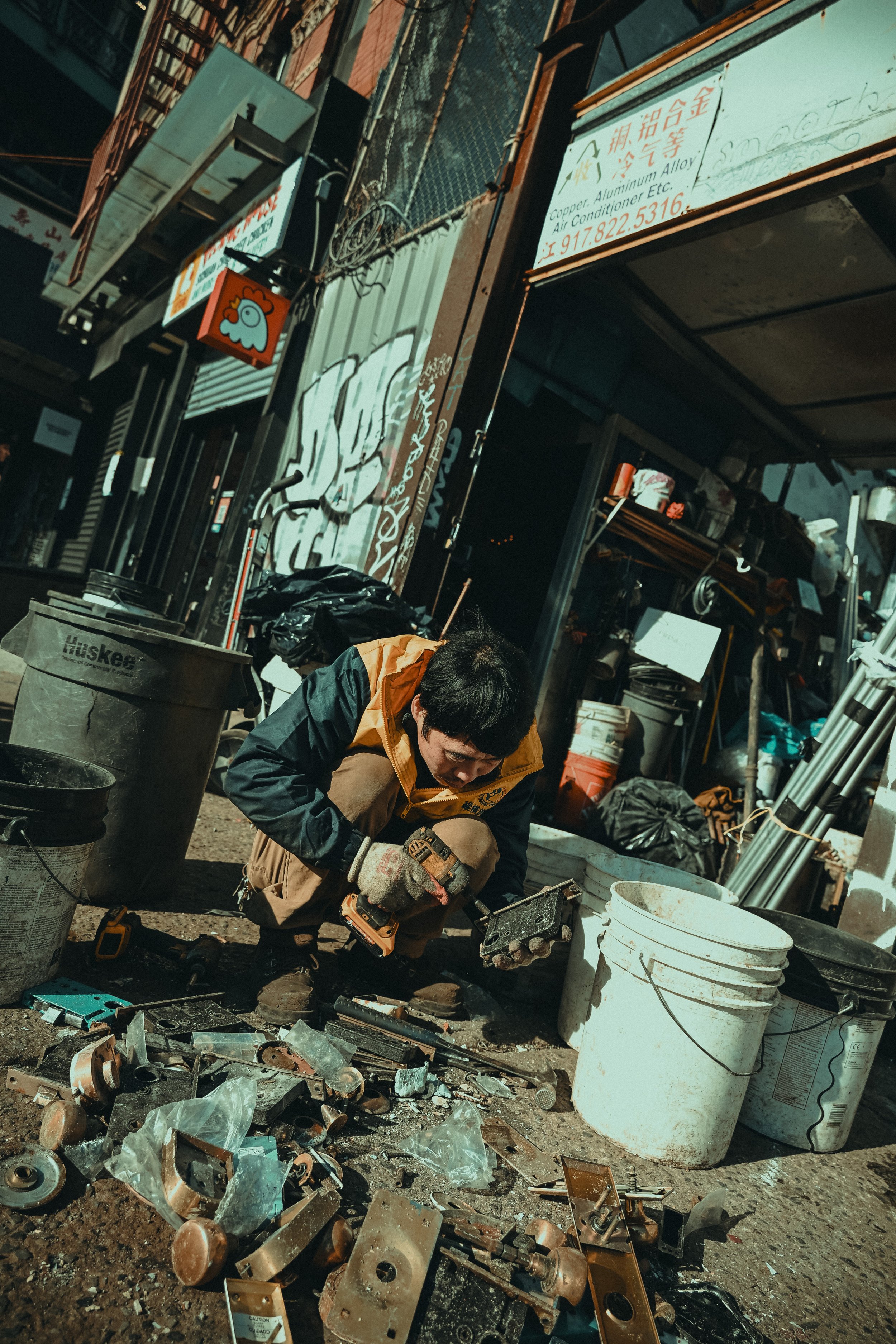 A person in a yellow and black jacket working amid scattered metal parts and tools outside a building with various signs and graffiti, at night.