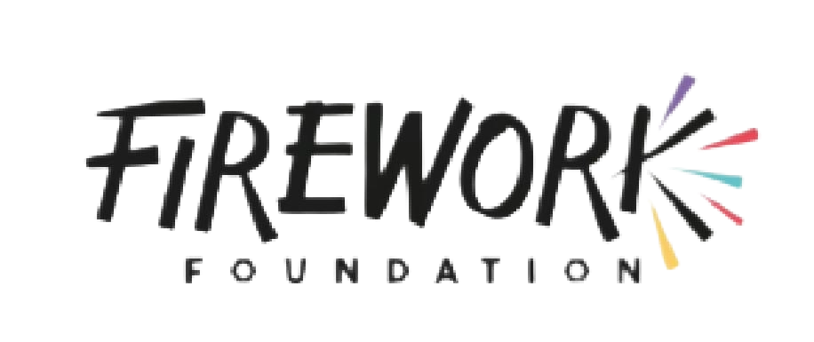 Logo for Firework Foundation with the word 'FIREWORK' in bold black letters and colorful firework illustrations bursting from the right side, and the word 'FOUNDATION' in smaller black letters below.