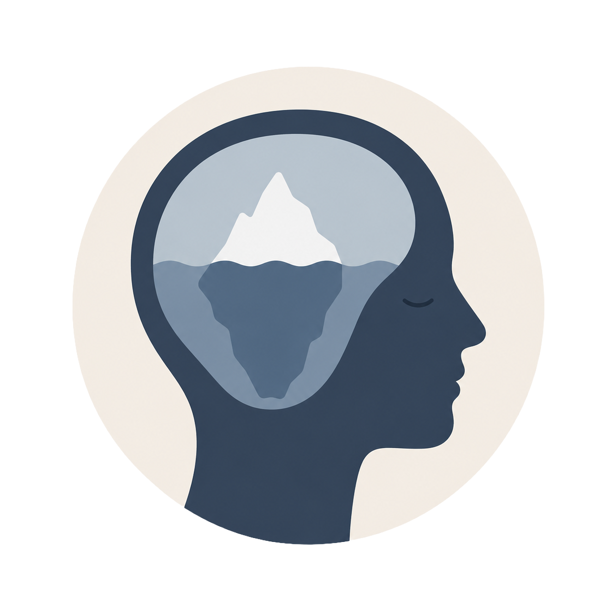 Silhouette of a person's profile with a mountain and iceberg inside the head, symbolizing mind and nature.