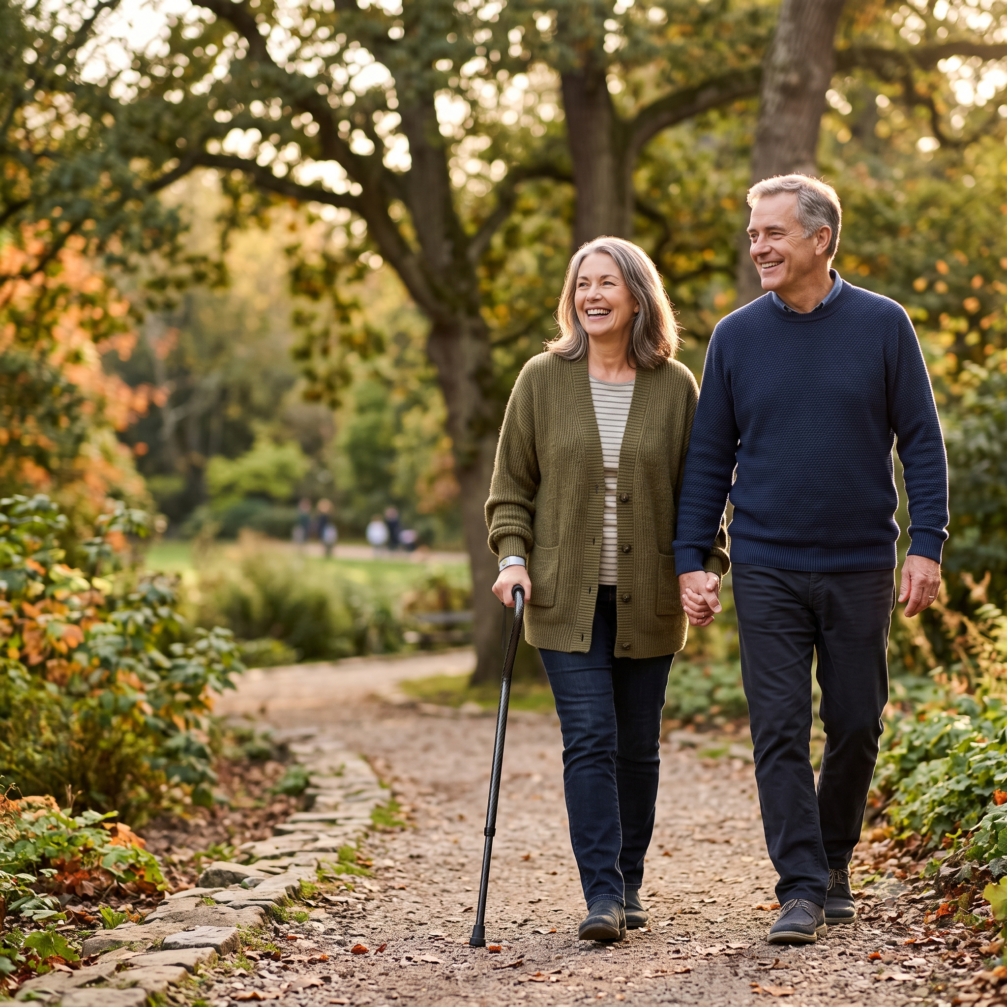 An elderly couple walks hand-in-hand along a park path, smiling and enjoying a sunny autumn day with colorful fall foliage around them.