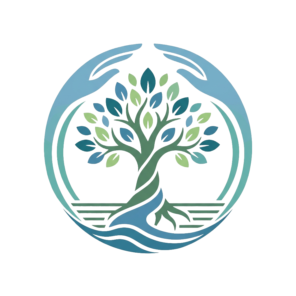 A logo depicting a stylized tree with green and blue leaves inside a circle, with hands surrounding the top of the circle and water below the roots.