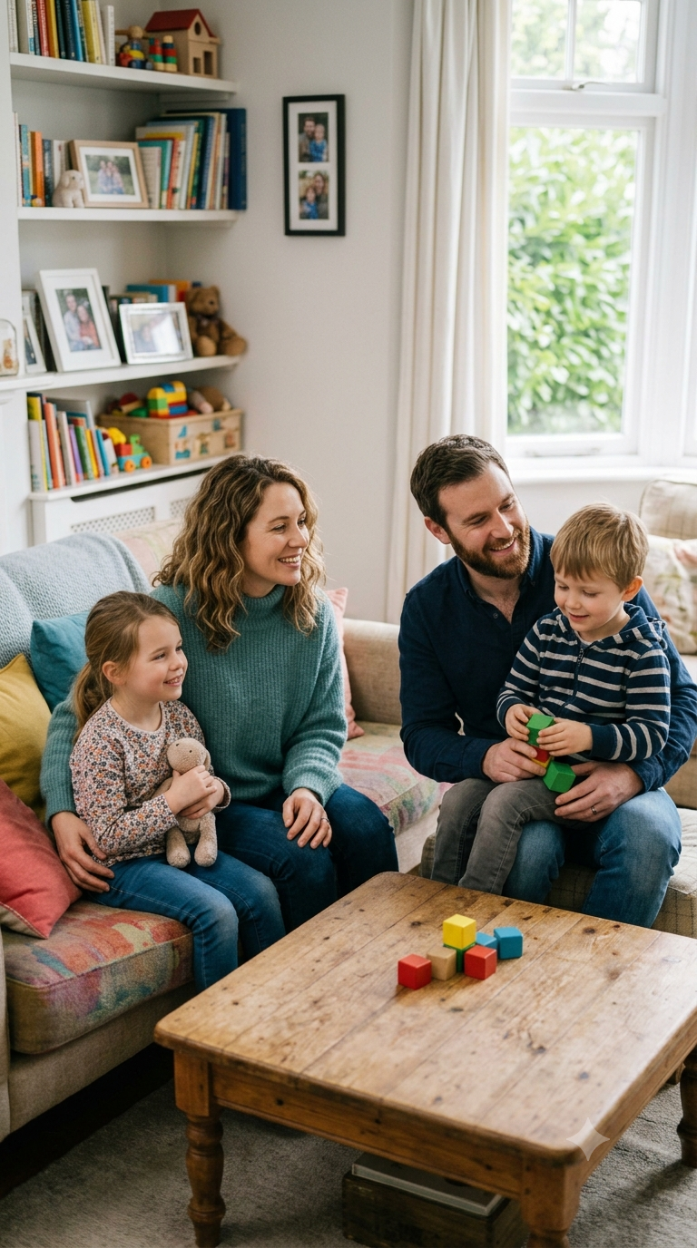 A family of four sitting on a colorful couch in a cozy living room, playing with colorful building blocks and a teddy bear, with bookshelves and family photos in the background.