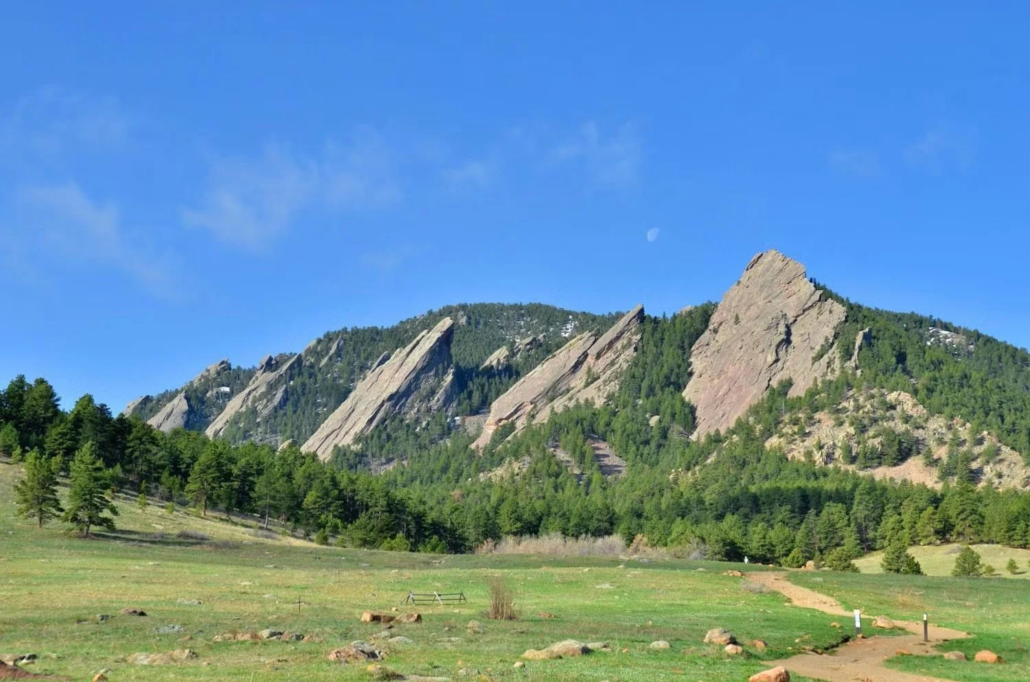 Scenic view of mountains with rugged rock formations, green trees, and a grassy foreground under a blue sky with visible clouds and the moon.