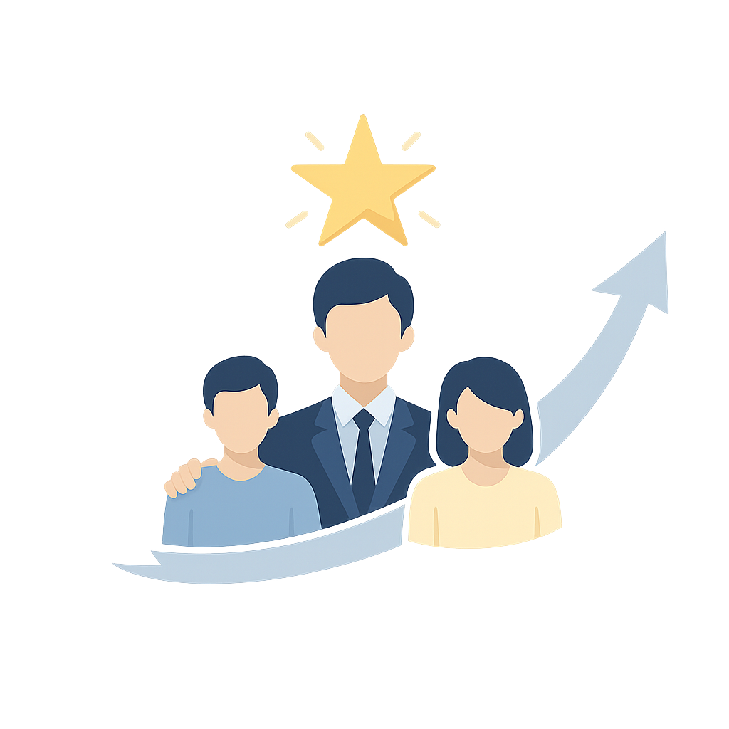 A graphic illustration of a man in a suit with a woman and a young boy, with a star above and an upward arrow beside, symbolizing success and growth.