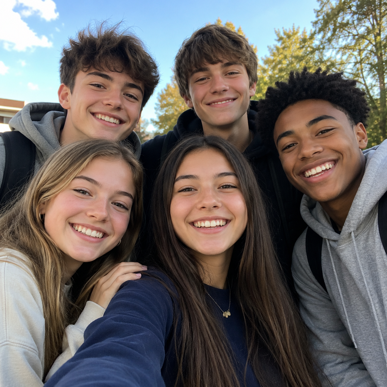Group of six teenagers smiling outdoors