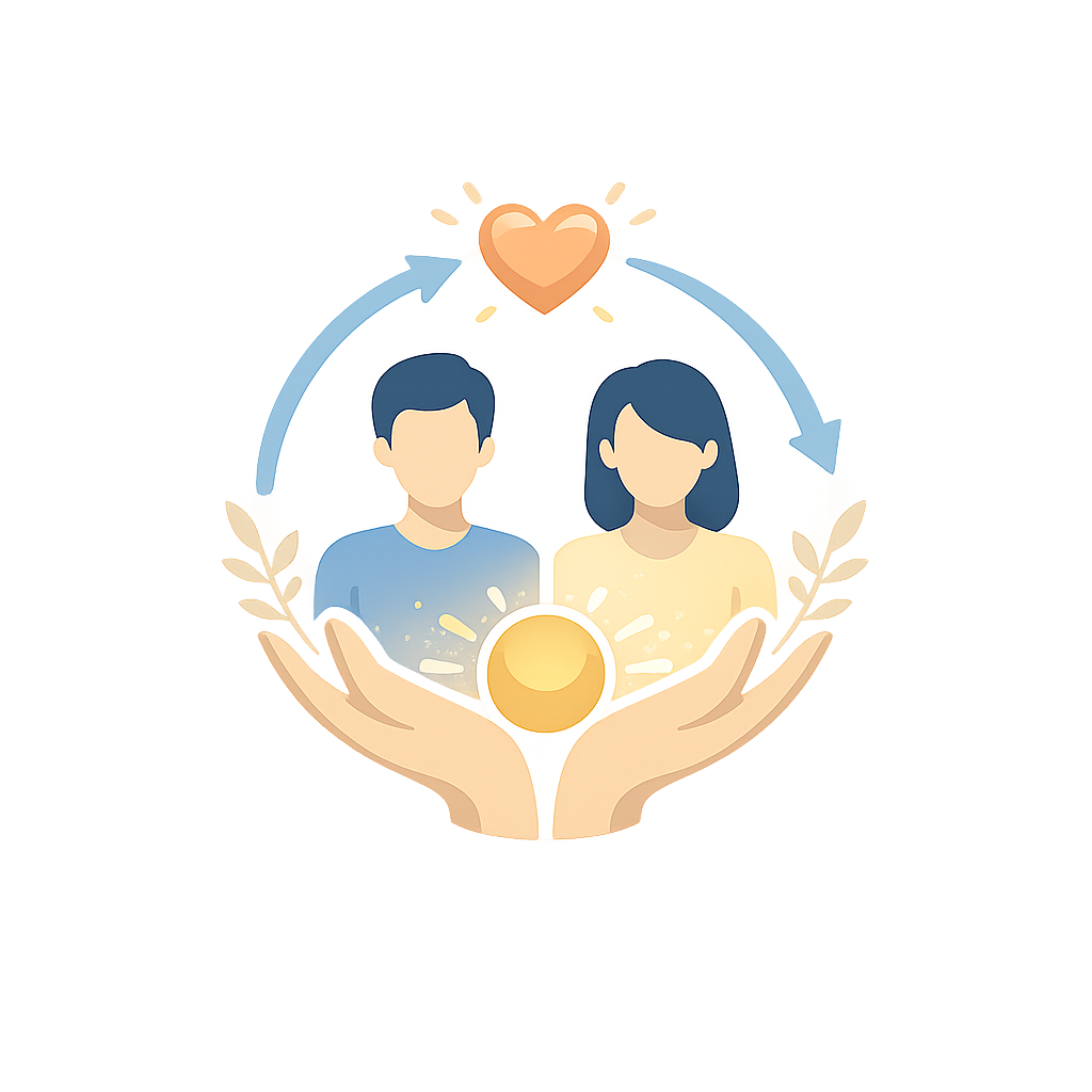 Illustration of a man and woman surrounded by a hand, with a heart and sun symbols above and below, depicting love and connection.
