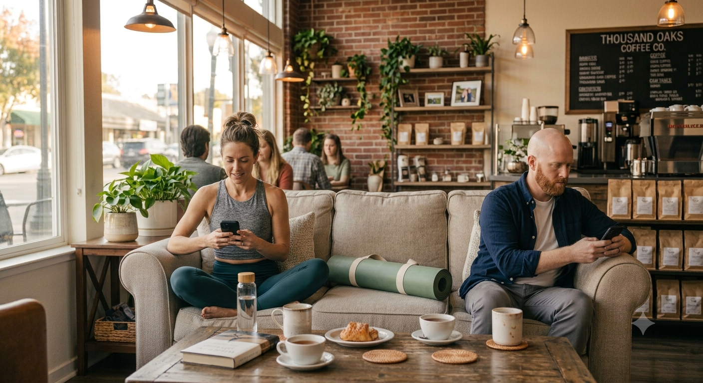 A woman and a man sitting on a sofa in a coffee shop, both absorbed in their smartphones. Coffee cups, a water bottle, a croissant, and cookies are on the table in front of them. The coffee shop has large windows, green plants, and a brick wall with shelves and a menu board.