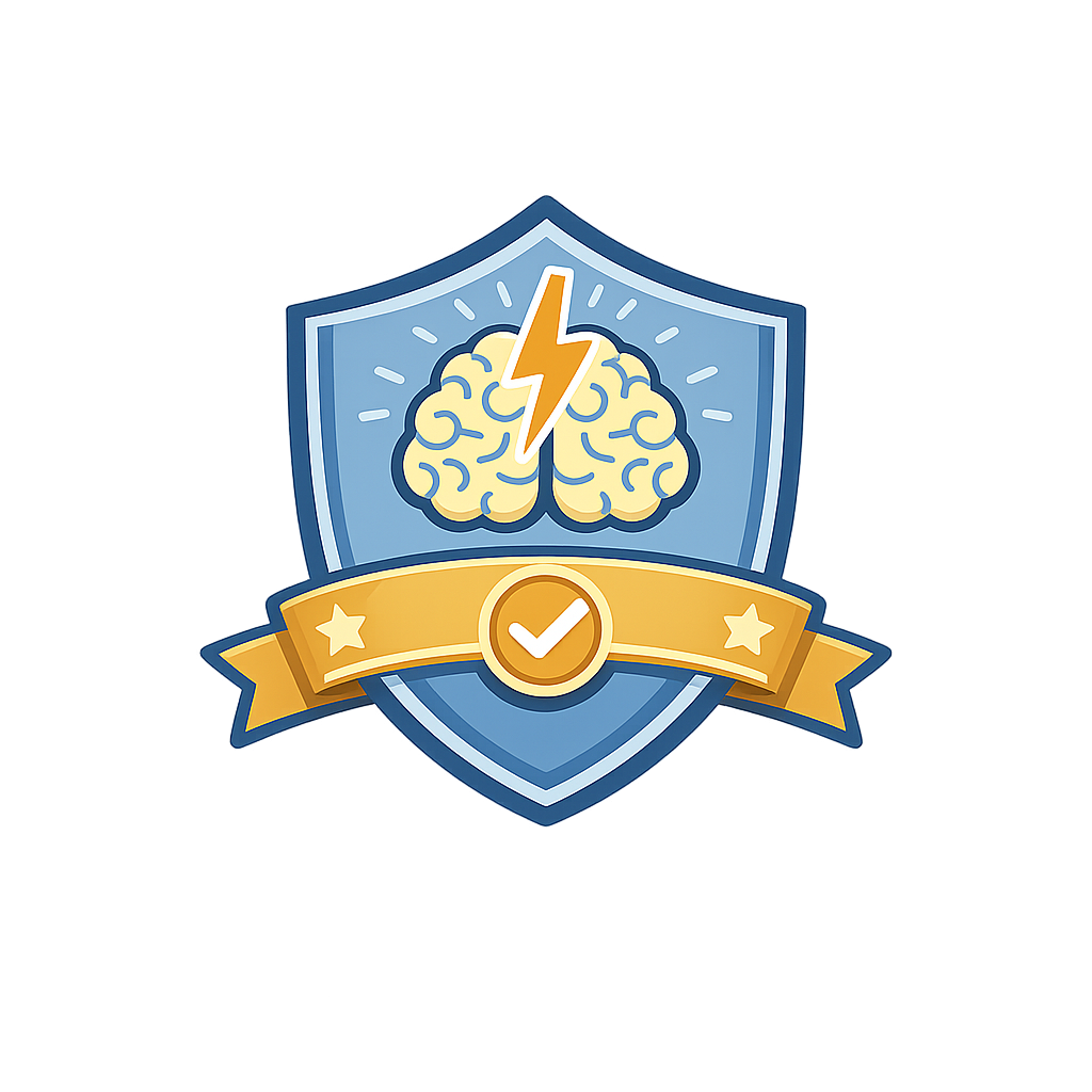 A badge with a brain and lightning bolt symbol inside a shield, featuring a check mark on a ribbon below, representing mental power or intelligence.