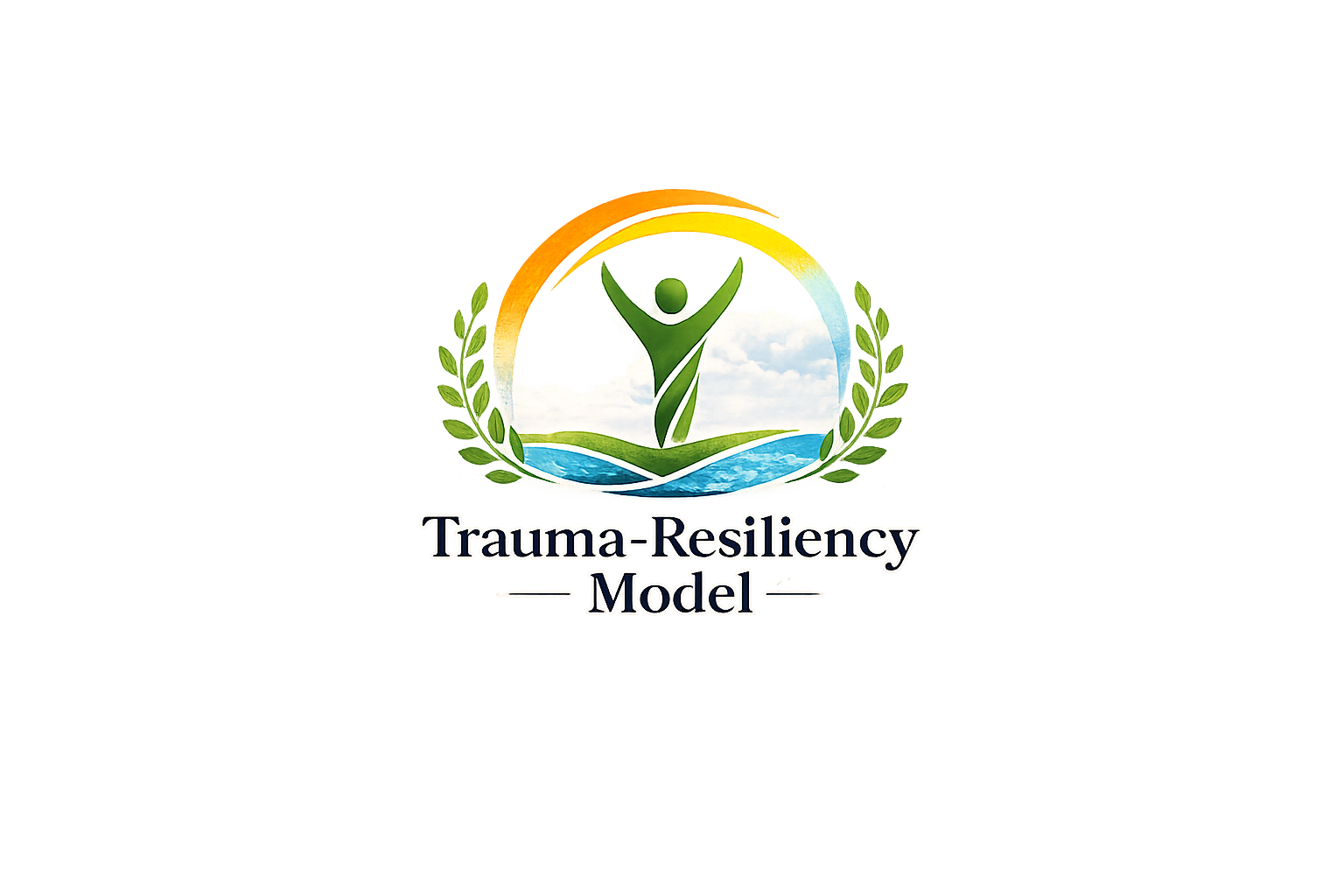 Logo with a green stylized human figure with arms raised, surrounded by a laurel wreath, a sunrise, a river, and grassy fields, with text 'Trauma-Resiliency Model' below.