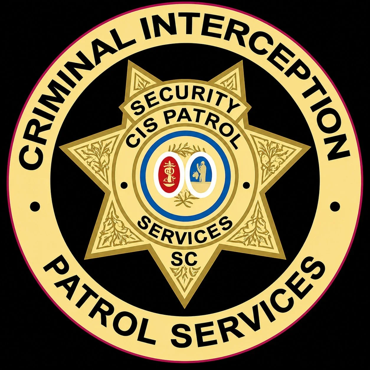 Badge with a black background, yellow border, and a gold star-shaped emblem in the center. The text around the border reads "CRIMINAL INTERCEPTION PATROL SERVICES". The inner circle contains the words "SECURITY CIS PATROL" and two symbols, one red and one blue, with an olive branch in the middle.