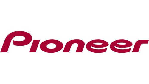 Pioneer logo in maroon on a black background.