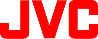 Close-up of the JVC logo in red letters on a black background.