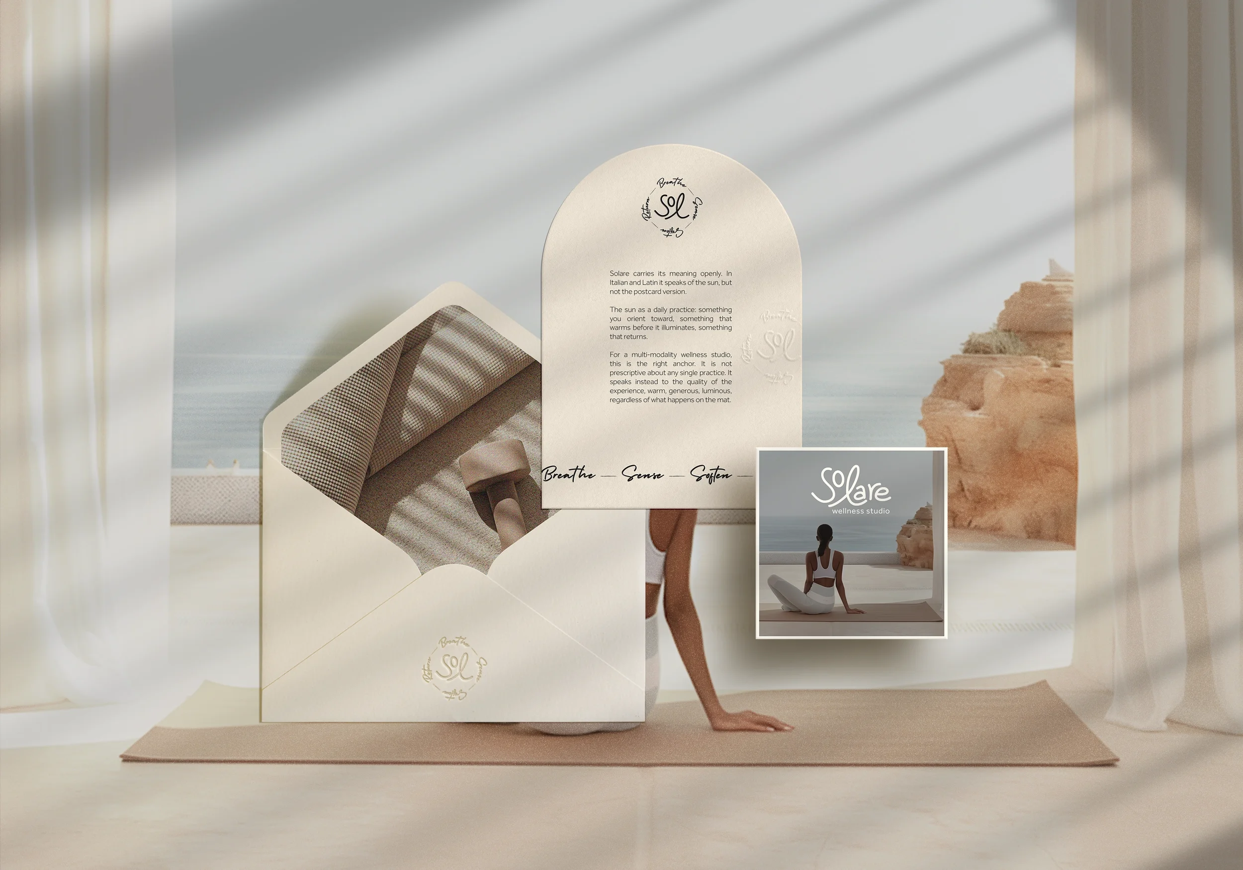 A display with wellness products and promotional material for Solare wellness studio, featuring images of a woman in a white workout outfit near a beach and a stack of rocks.