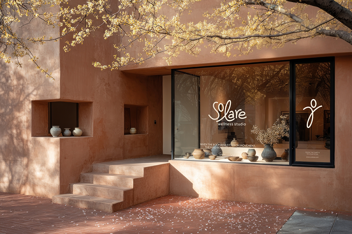 A wellness studio named 'Solare' with a large glass window displaying pottery and flowers inside. The building has a peach-colored stucco exterior with small interior shelves holding more pottery. A tree with yellow blossoms extends over the scene, casting shadows on the wall, and cherry blossom petals are scattered on the ground.