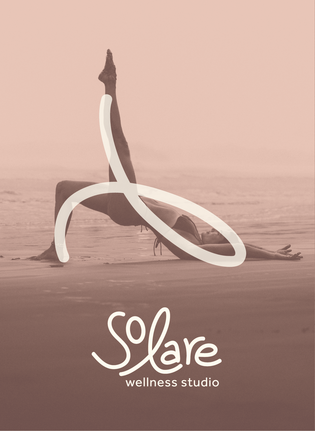 A person practicing yoga on the beach, lying on their back with one leg raised upward, wearing workout clothes during sunset or sunrise. Superimposed text reads 'Share wellness studio'.