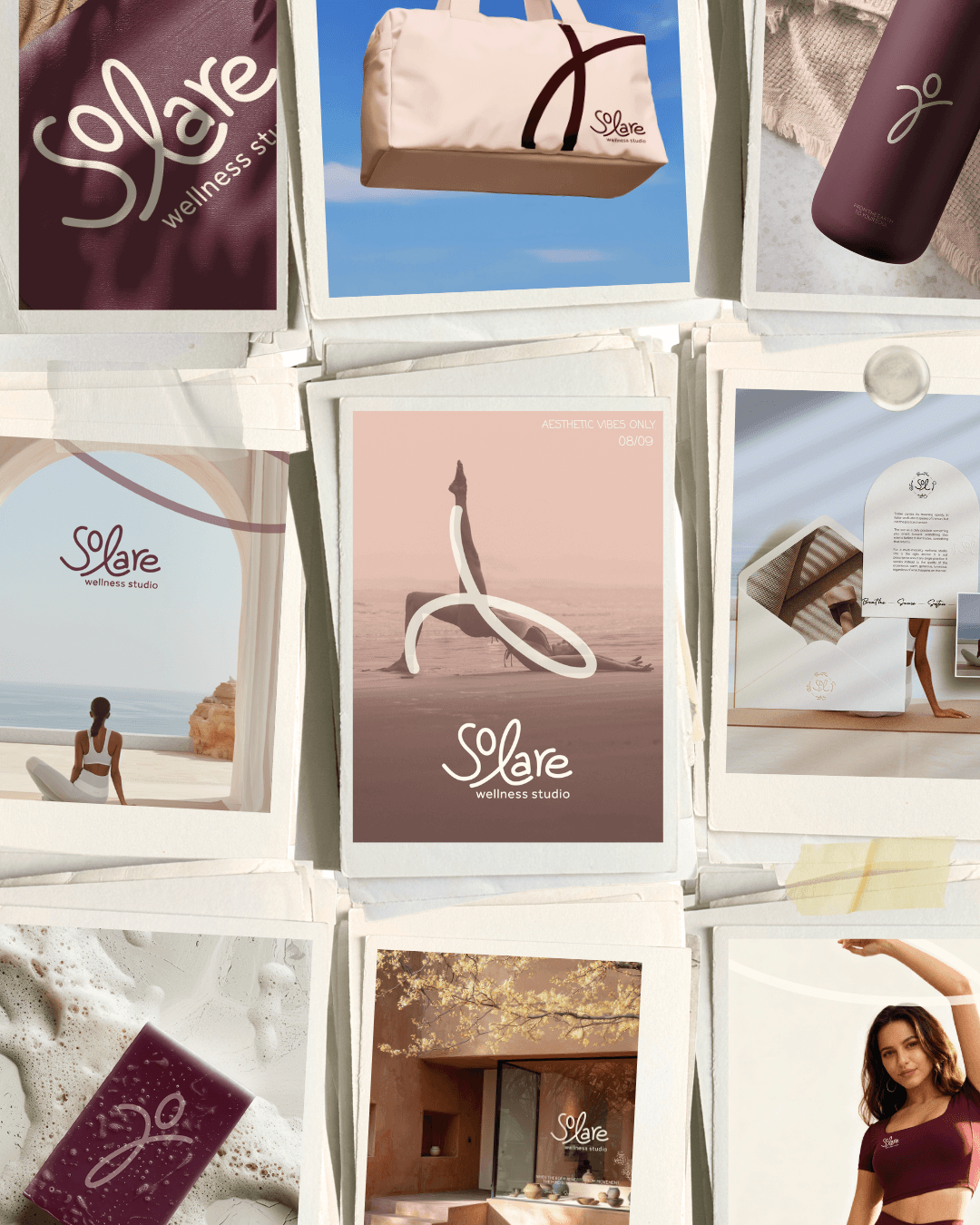 Collage of promotional images for Slare Wellness Studio, featuring yoga, fitness, and relaxation themes, with photos of women, wellness products, and studio interiors.