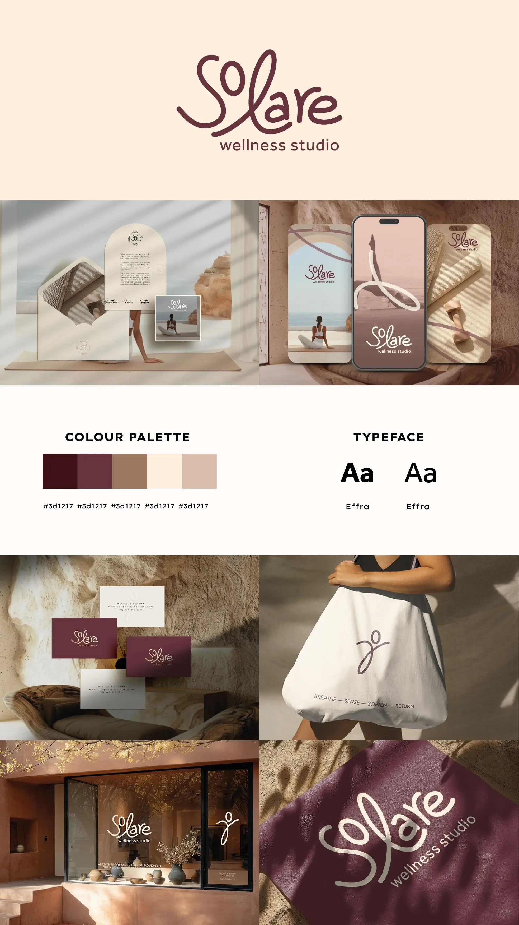 A branding and marketing collage for Solare Wellness Studio, featuring logo designs, color palette, typography, business cards, signage, and promotional materials in beige, brown, and cream tones.