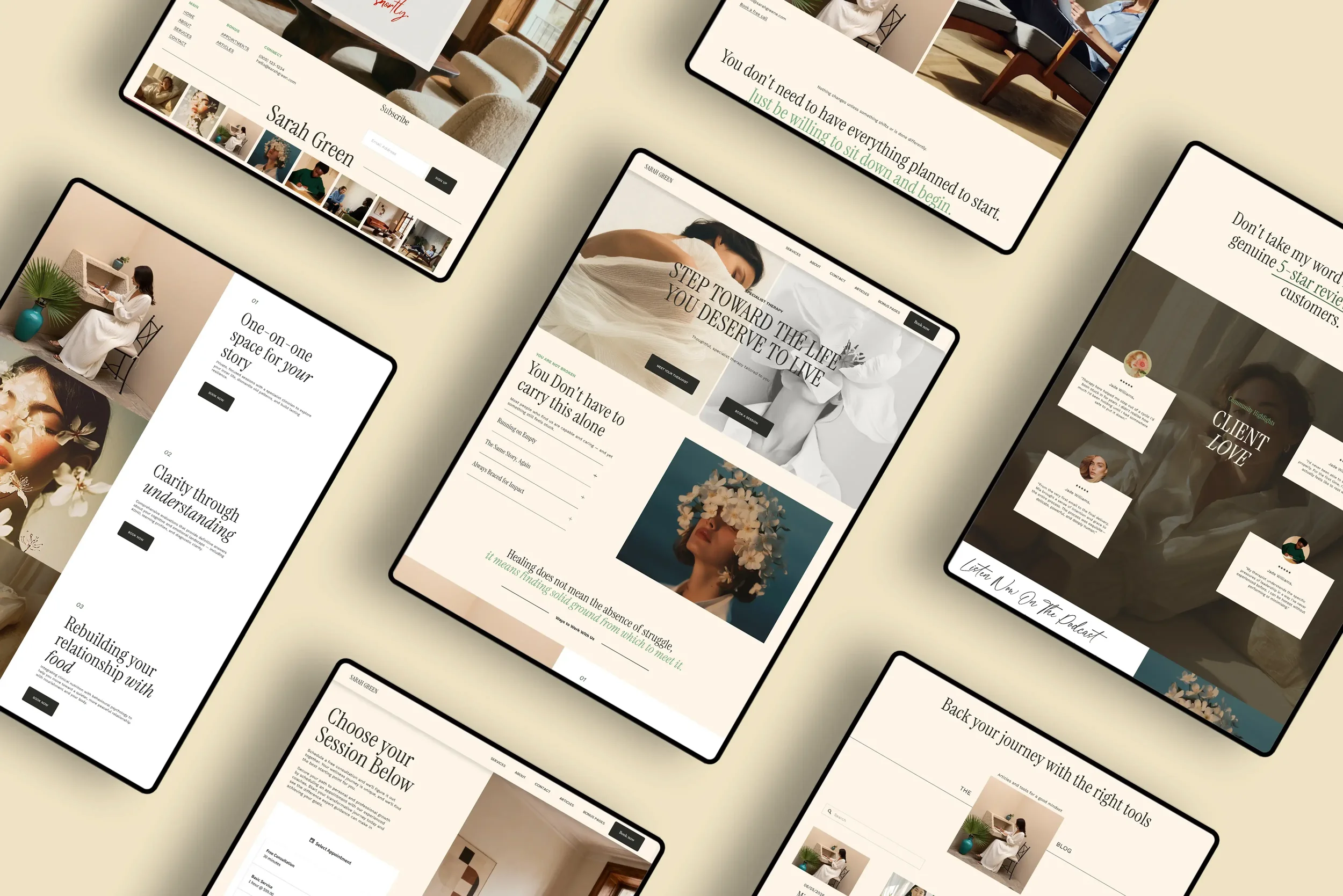 Multiple website pages displayed on tablets and screens with content related to therapy, counseling, and personal development, featuring images of women, plants, and cozy interior settings.