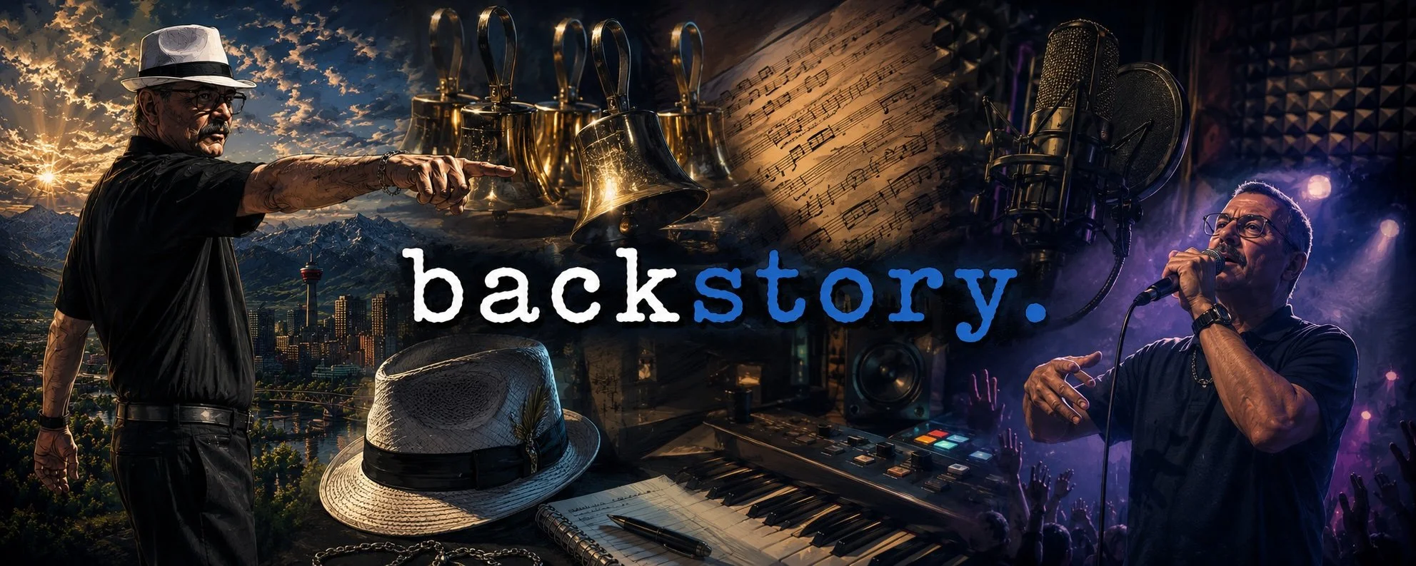 A collage featuring the artist 'story.' performing music, musical instruments, sheet music, and the word 'backstory' in the center, with a cityscape and mountains in the background.