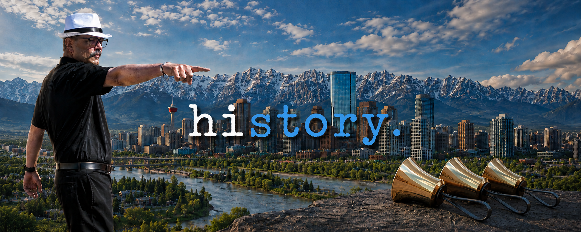 A man wearing a white fedora, glasses, and black clothing is pointing across a city skyline with mountains and a blue sky in the background, with the word 'history.' overlaid.
