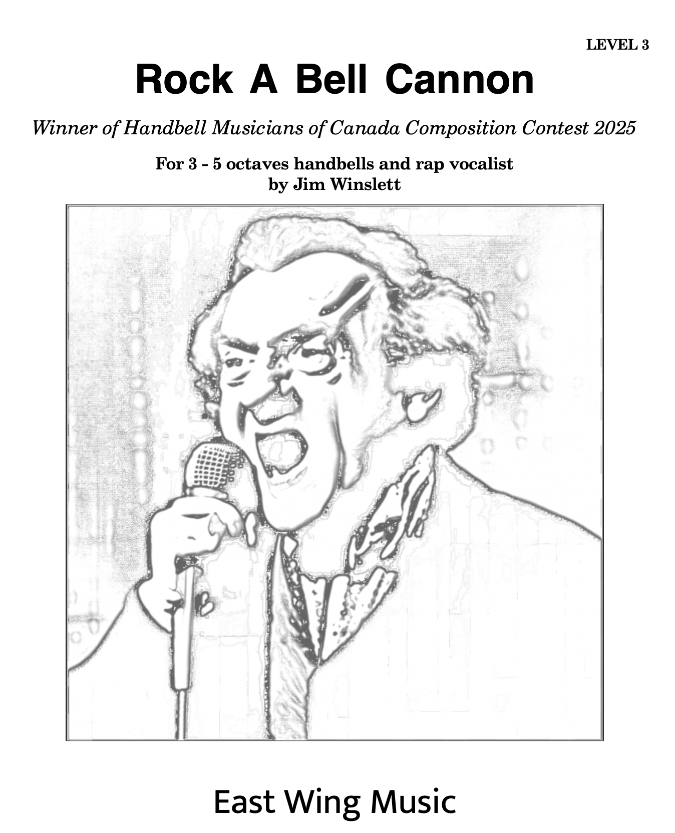 A sheet music cover sheet showing a black and white illustration of Johann Pachelbel singing into a microphone, wearing glasses and a suit jacket. The text on the image reads "Rock A Bell Cannon" and "East Wing Music".