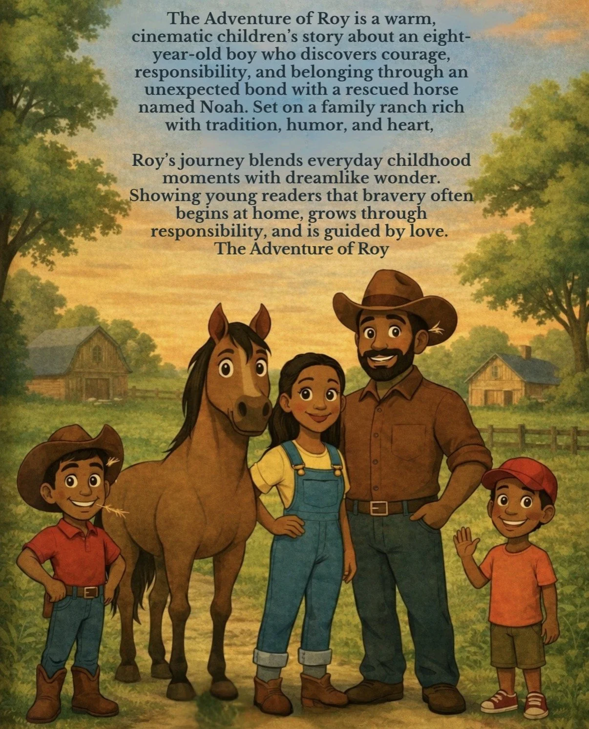 Illustration of a family on a farm with a horse, surrounded by trees and farmhouses, under a sunset sky.