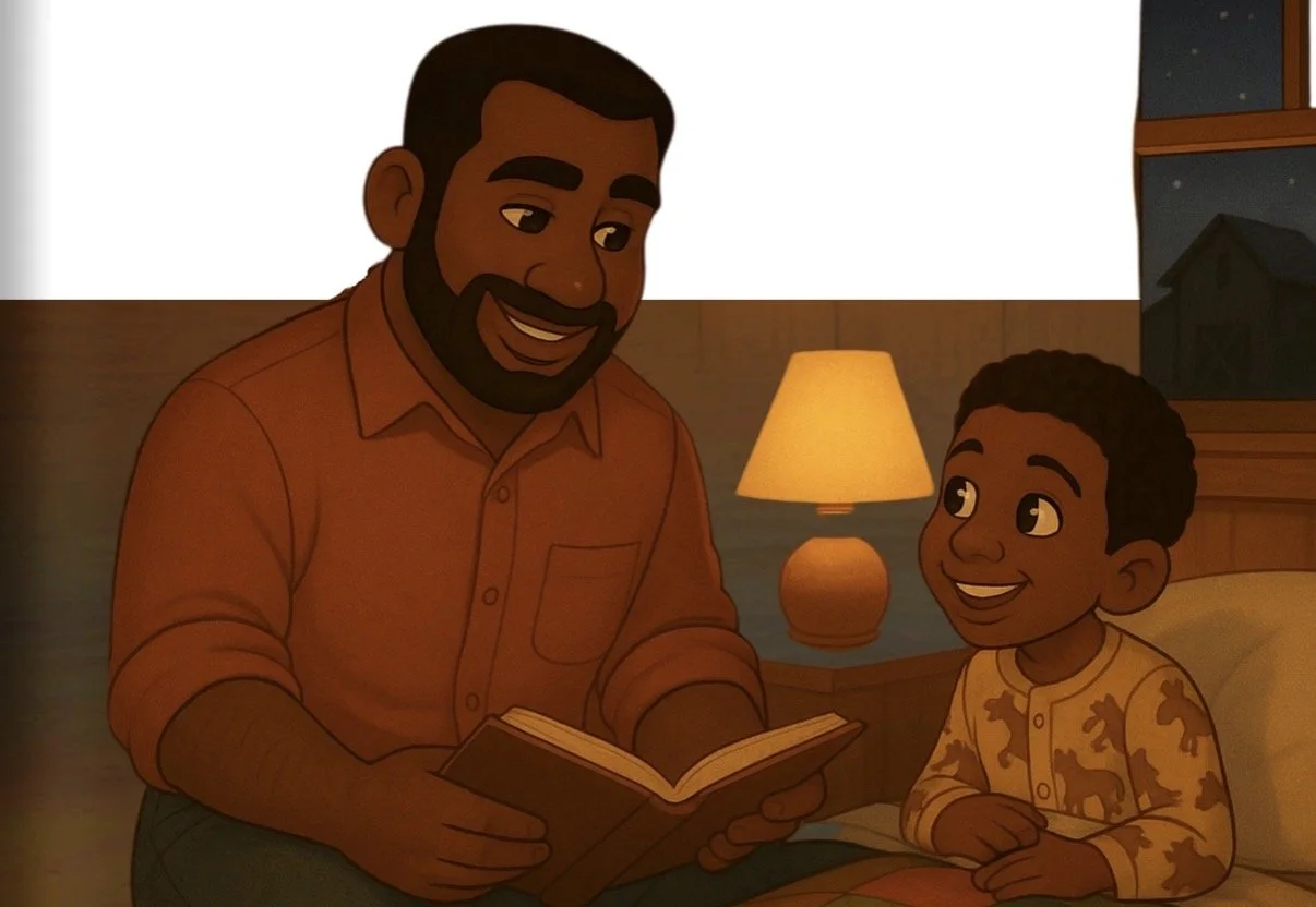An illustration of a man reading a book to a young boy in a cozy bedroom at night, with a glowing lamp on a bedside table and a window showing a dark, snowy night outside.