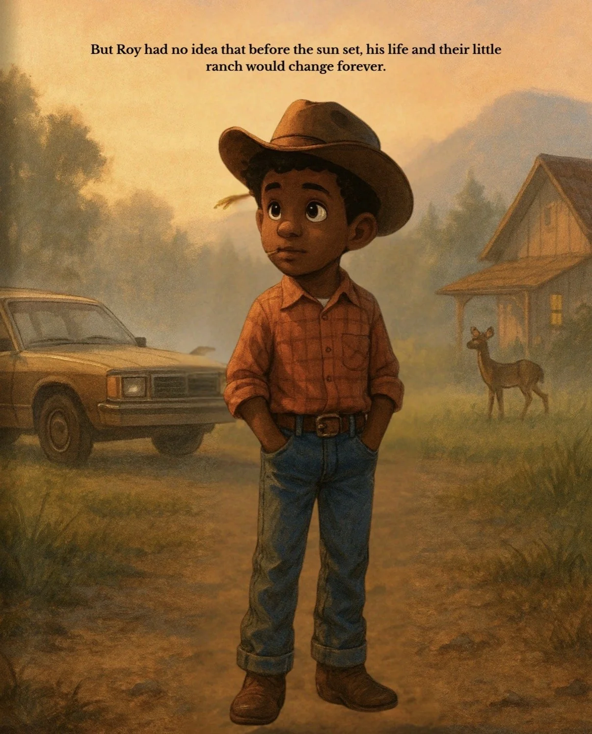 A young boy dressed as a cowboy with a hat, red plaid shirt, jeans, and boots, standing outdoors with a ranch setting in the background. There is an old car, a small house, and a deer in the scene, with a sunset sky.