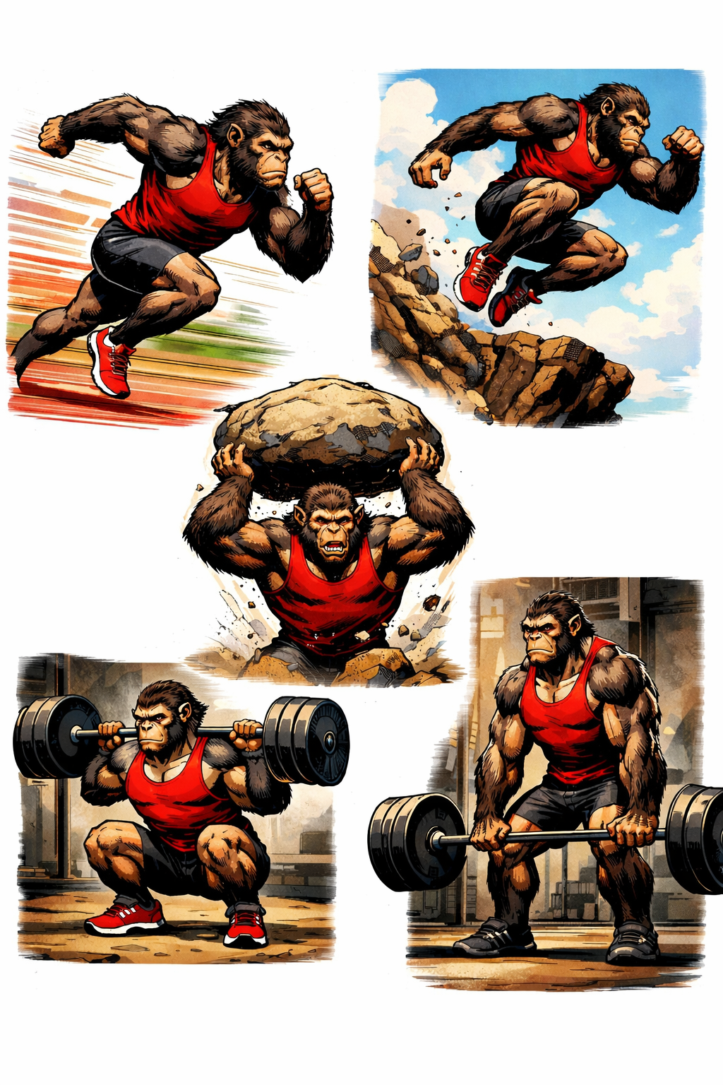 Comic-style illustrations of a muscular ape in a red tank top performing various strength and athletic activities: sprinting, jumping over rocks, lifting a heavy rock, and squatting with a barbell in a gym.