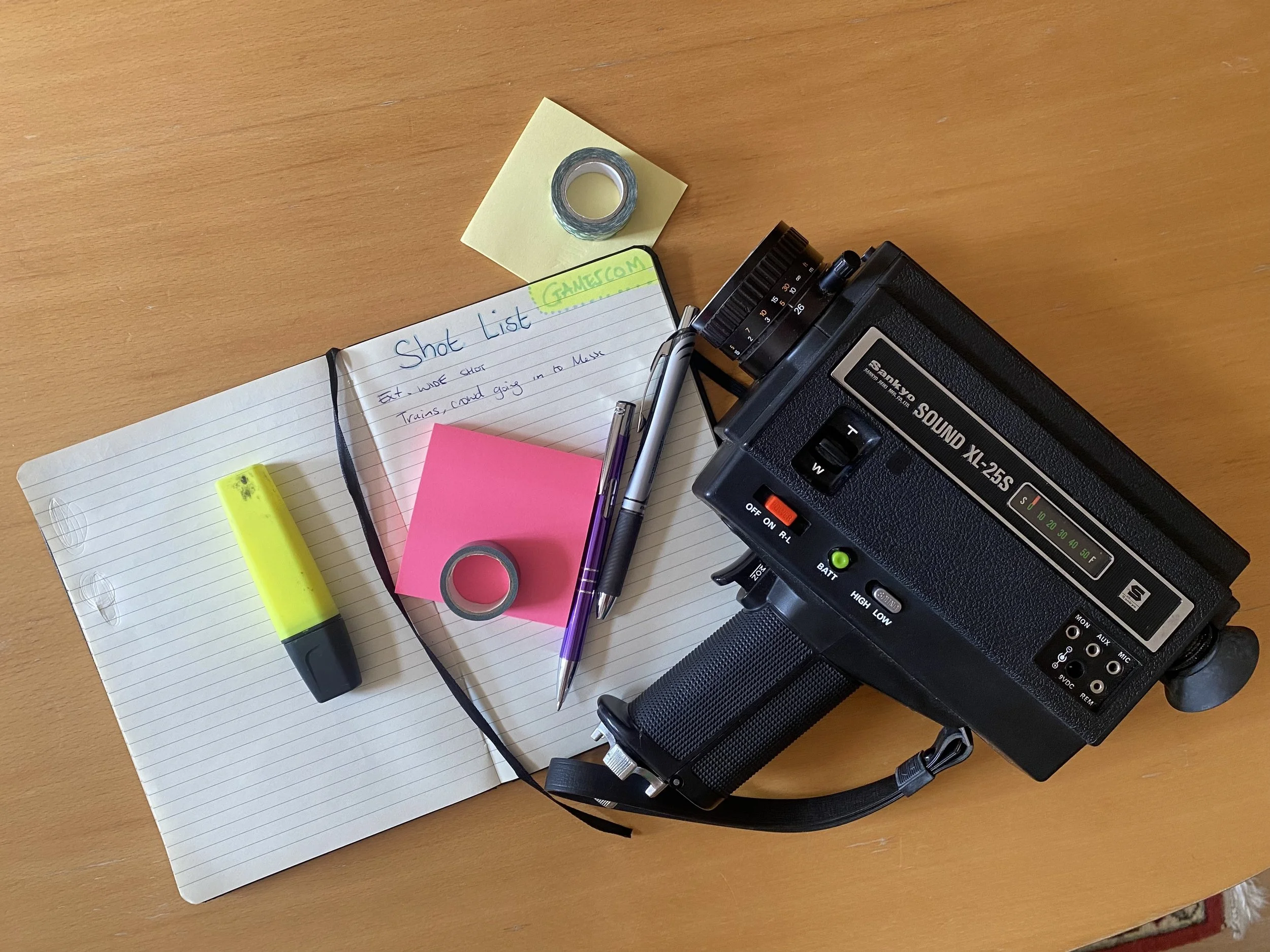 Shot list and camera gear laid out for video pre-production