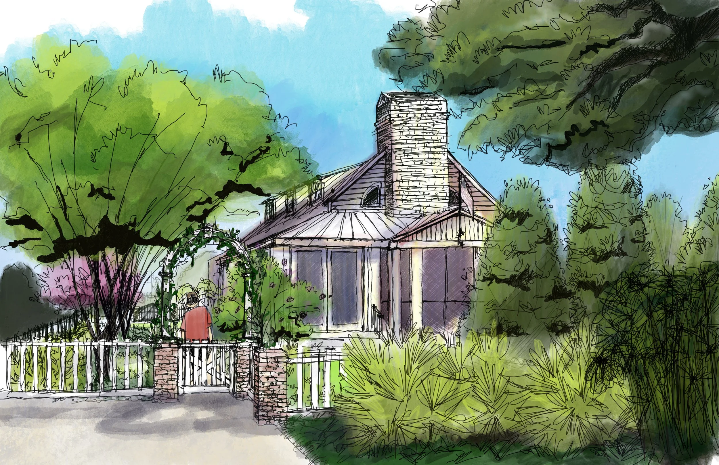 A hand-drawn illustration of a house with a chimney, surrounded by trees and greenery, with a fence and a person walking outside.