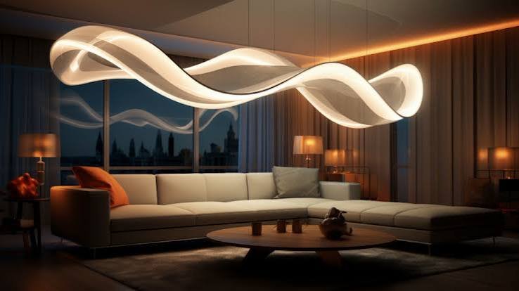 Modern living room with a white sectional sofa, orange accent pillow, wooden side table with a lamp, and an abstract light installation on the ceiling, evening view through large windows.