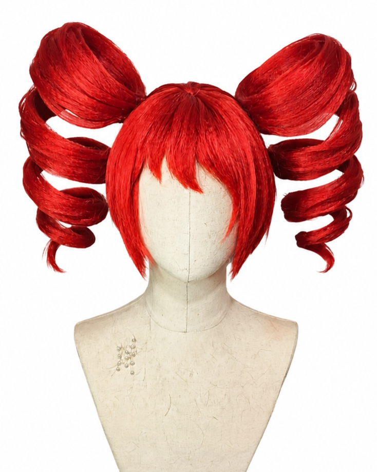 Red, curly, novelty wig styled in pigtails on a mannequin head