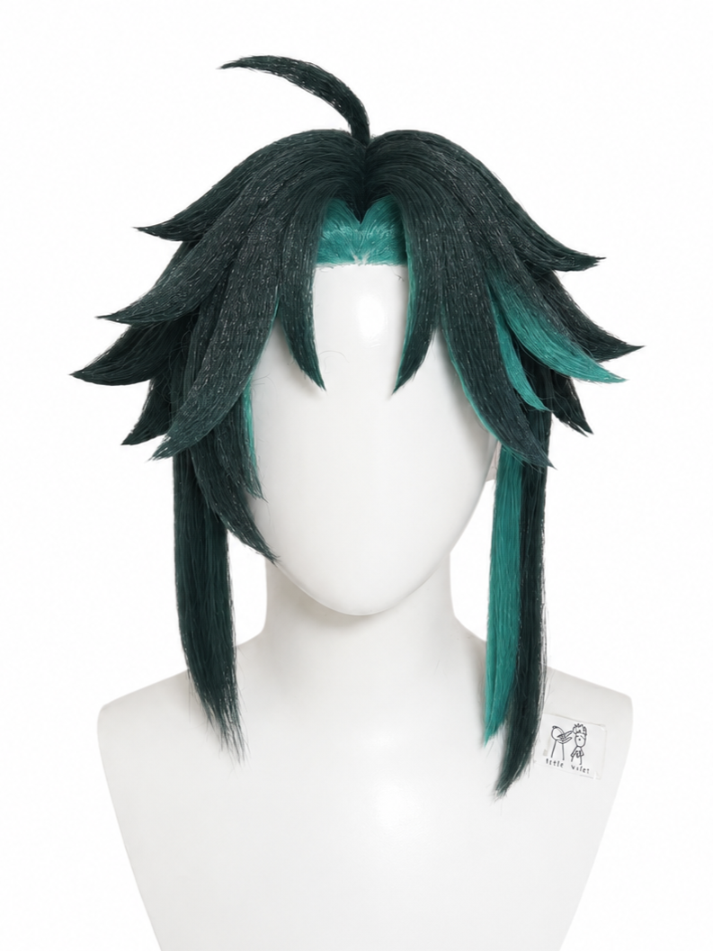 Wig with layered black and teal hair on a mannequin head.