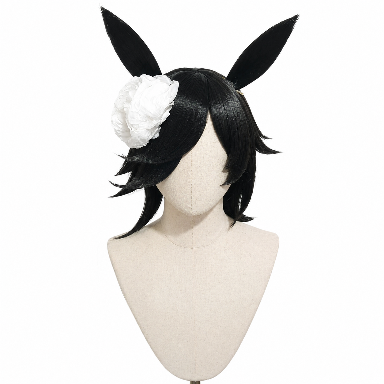 A black wig with bunny ears and a white flower accessory displayed on a mannequin head.