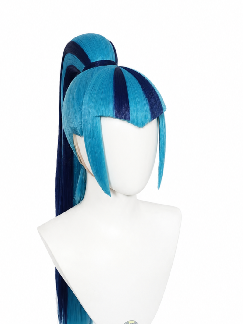 Wig styled in a high ponytail with straight bangs, featuring alternating dark and light blue sections.