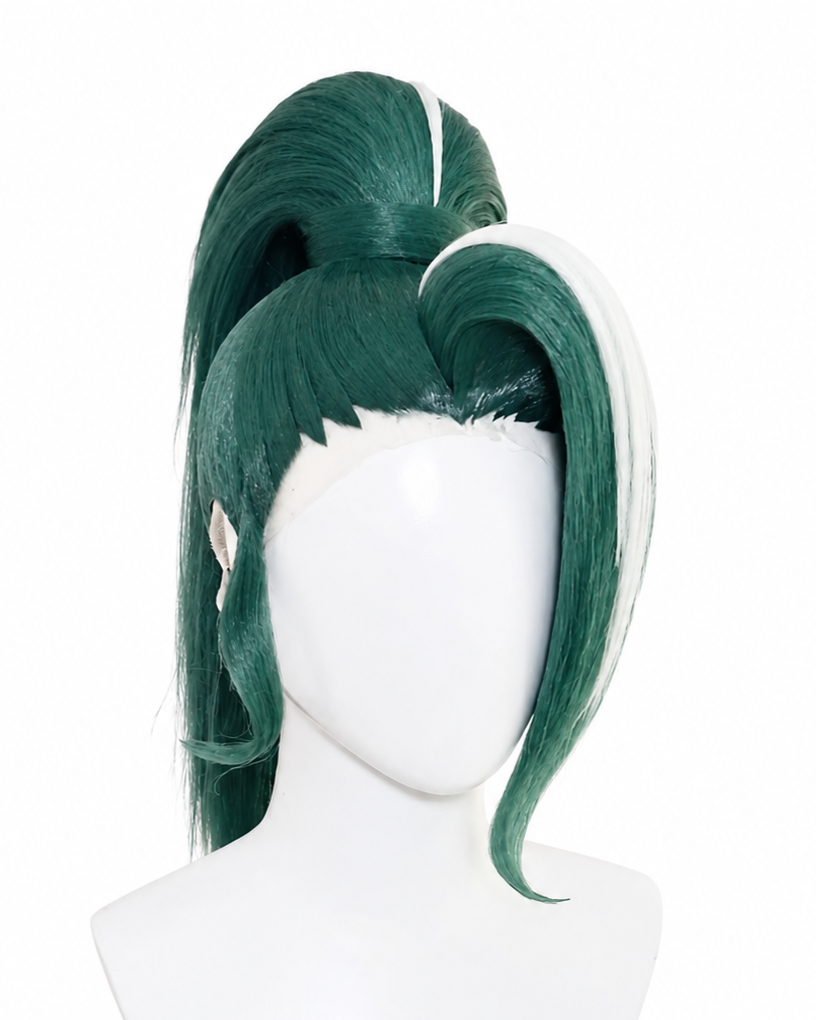 Green wig styled in an elaborate, high-volume fashion on a white mannequin head.