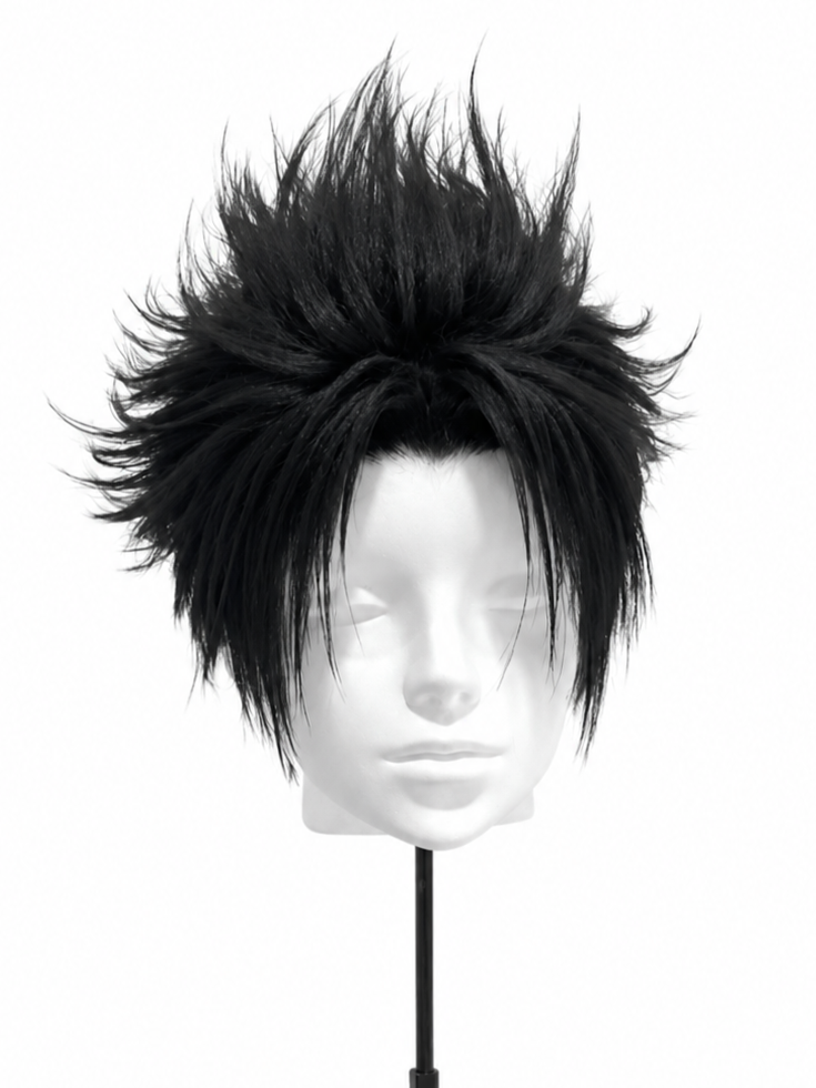 Black spiky short wig on a white mannequin head