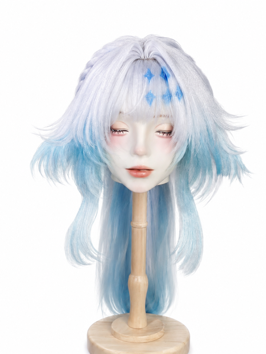 A mannequin head with long, wavy white and blue hair, closed eyes, and a gentle expression, mounted on a wooden stand.