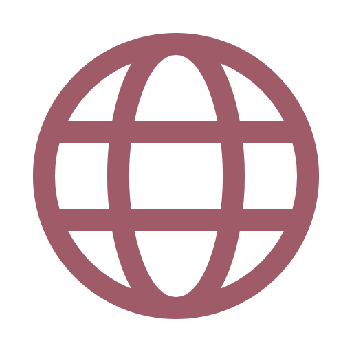 A maroon globe icon with grid lines on a black background.
