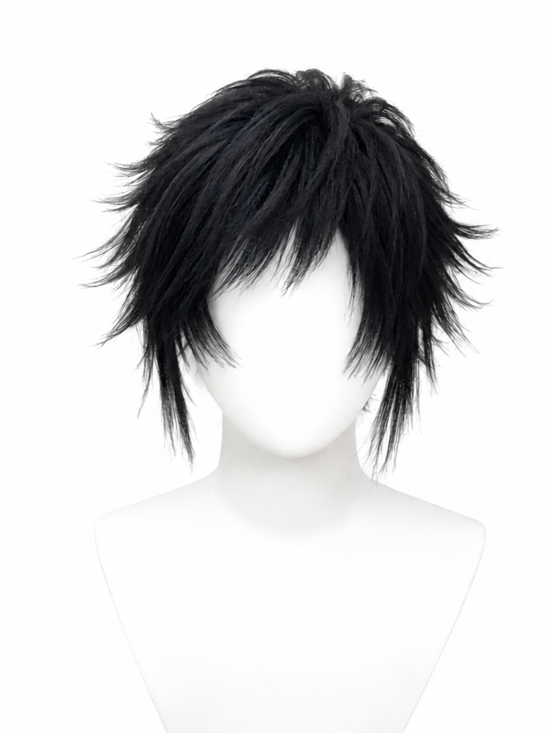 Black, spiky, layered synthetic wig on a white mannequin head.