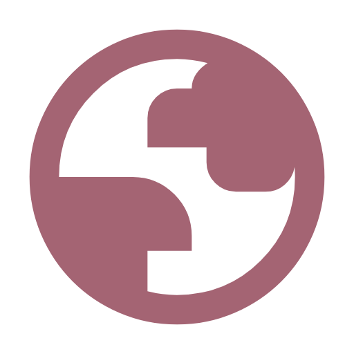 A circular icon with a stylized, abstract depiction of a face or profile, primarily in pink and black colors.